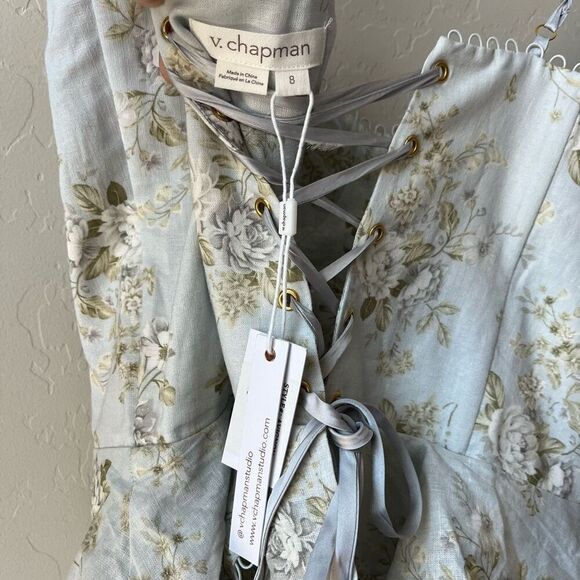 NEW V. Chapman Avignon‎ Ruffled Corset Mini Dress in Victorian Blue Roses Size 8 - Picture 5 of 12